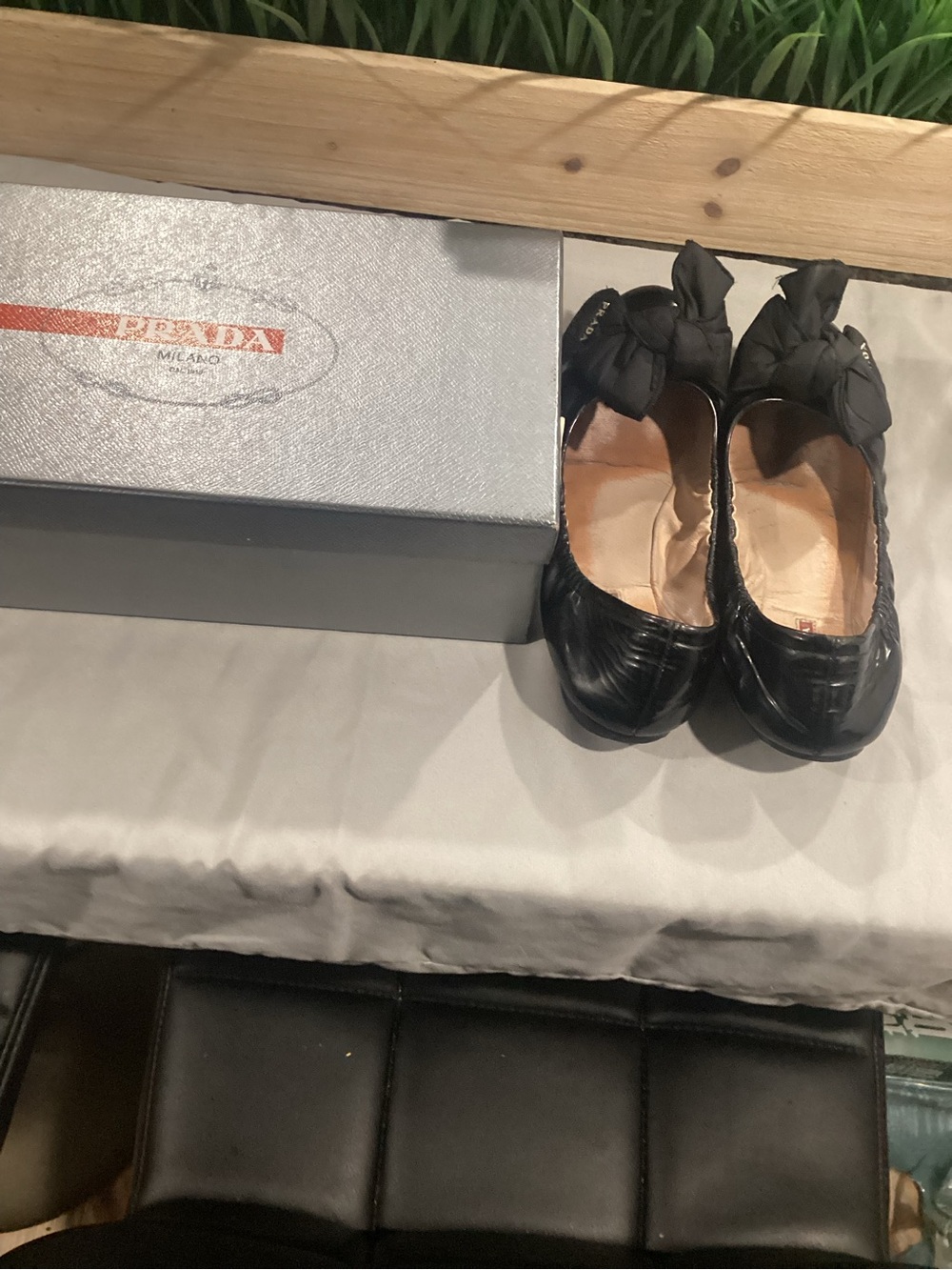 Prada Black Bow Leather Ballet Flats